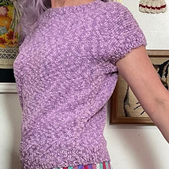 Vintage Lavender Chenille Sweater, 1980s Short Sleeve Pastel Knit Top Sz M-L - Picture 8 of 10